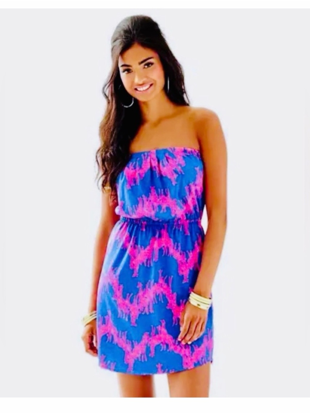 Lilly Pulitzer Strapless Blue Dress with Pink Abstract Print - Picture 1 of 3